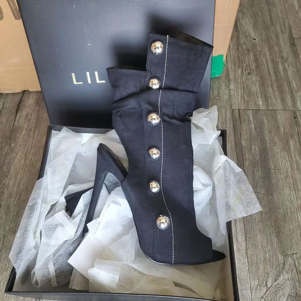 Liliana womens ankle booties Black Studded Peep Toe zipper closure high Sz 7.5 - Picture 12 of 13